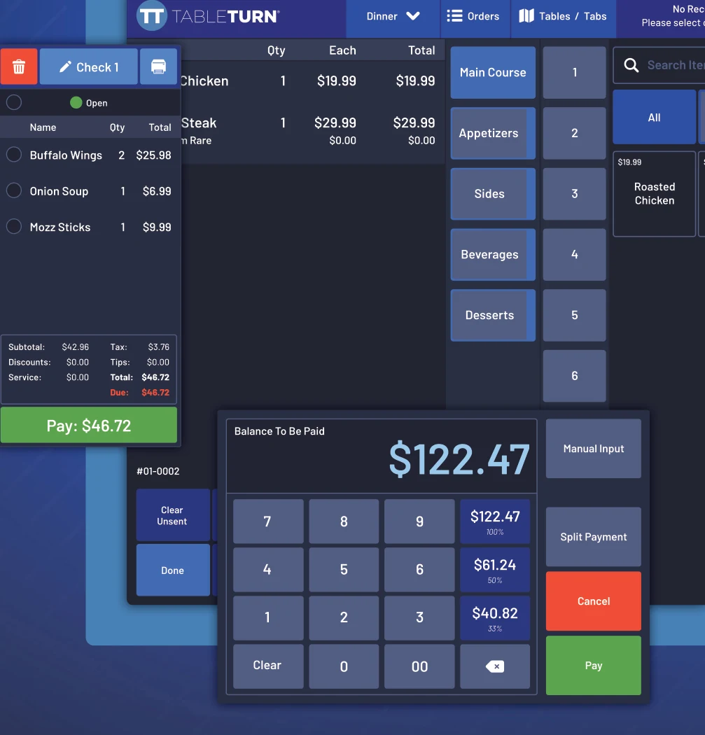 TableTurn restaurant POS — order and payment screen